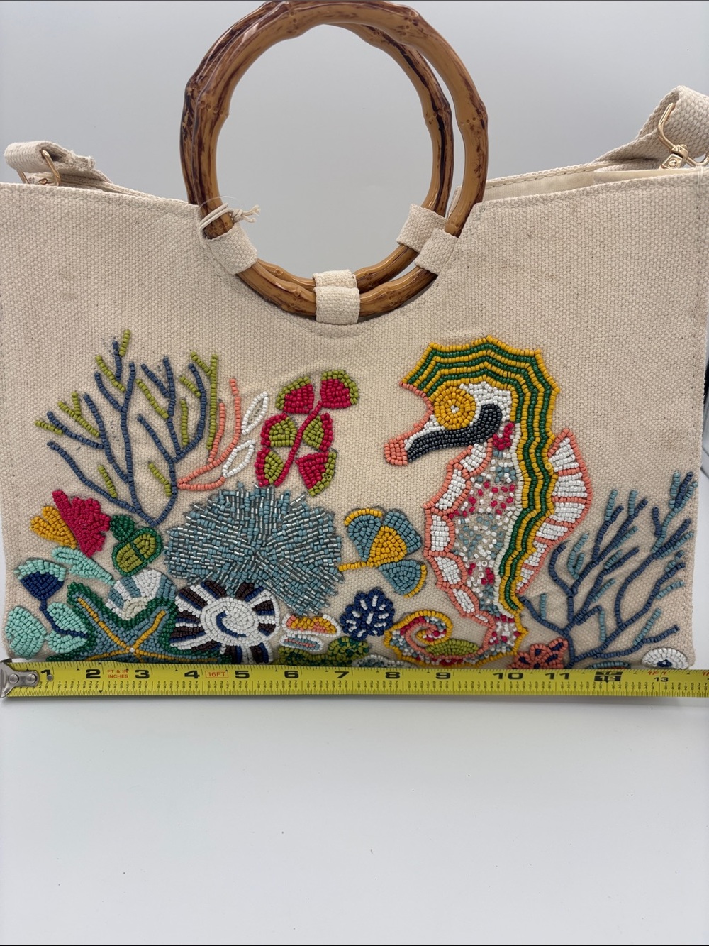Sol and Mer Beaded Seahorse Canvas Tote with Bamboo Handles - Natural - Picture 8 of 12